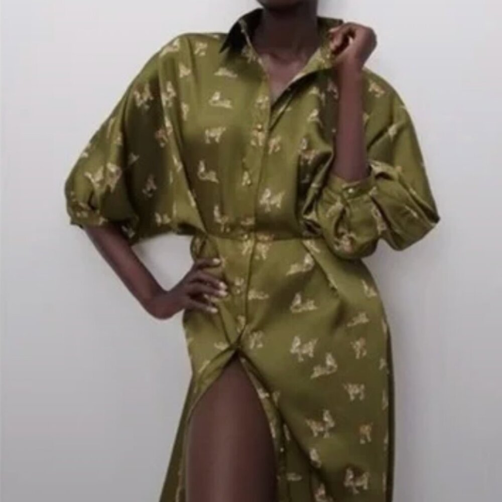 Zara Olive Green Satin Midi Shirt Dress with Subtle Animal Print